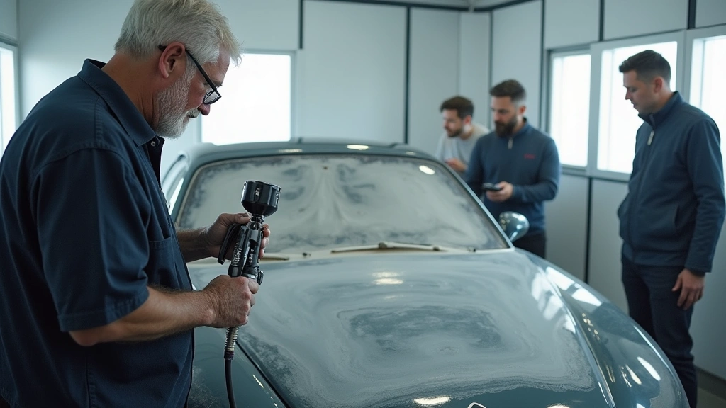 Experienced instructor demonstrating paint mixing and spray application techniques to students in professional spray booth with modern refinishing systems