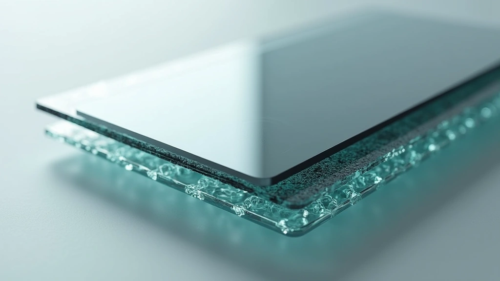 Close-up of electrochromic glass panel transitioning from clear to dark tinted state, showing molecular layer structure, photorealistic automotive component against neutral background