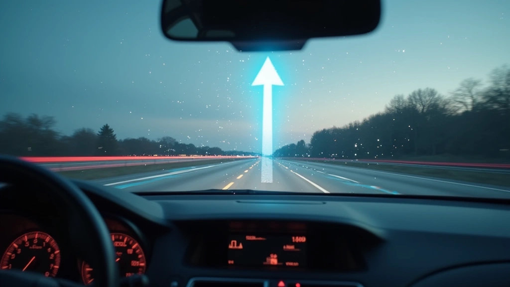 Windshield heads-up display showing navigation arrows and speed information overlaid on actual highway road scene, realistic holographic projection effect, no text visible