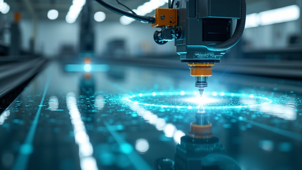 Advanced automotive glass manufacturing facility with precision laser equipment and robotic arms processing multi-layer glass sheets under controlled lighting conditions