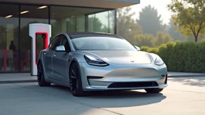 Sleek silver Tesla Model Y photographed from three-quarter angle in bright daylight, modern charging station visible in soft-focus background, professional automotive photography style