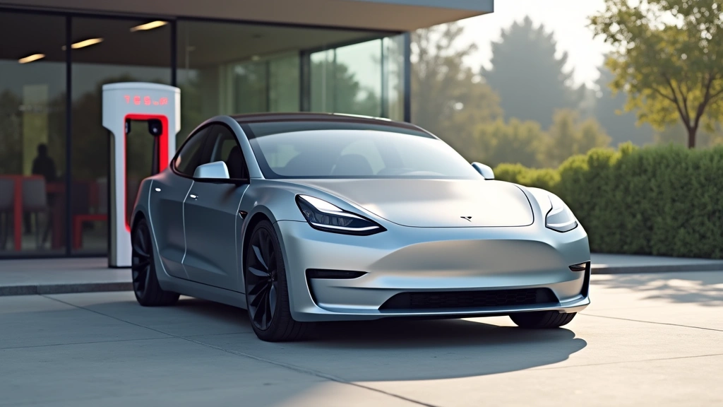 Sleek silver Tesla Model Y photographed from three-quarter angle in bright daylight, modern charging station visible in soft-focus background, professional automotive photography style
