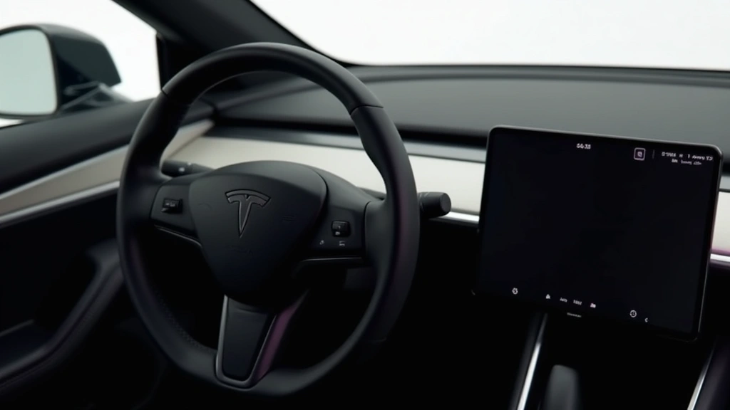 Close-up of Tesla Model Y interior dashboard and steering wheel, minimalist design, touchscreen display visible, premium materials and clean lines emphasized, studio lighting