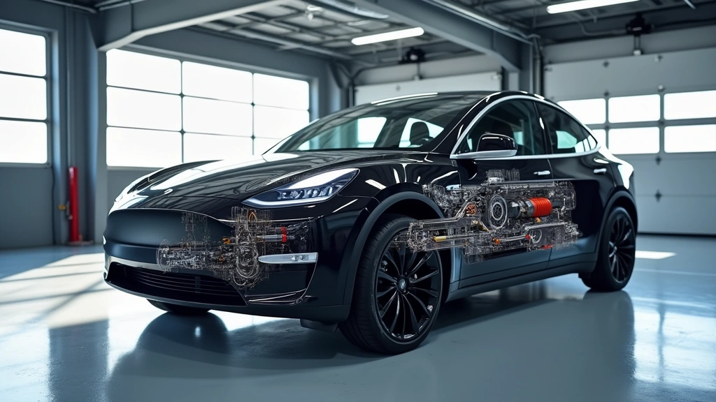 Tesla Model Y parked in modern garage with visible battery pack components underneath, technical detail shot showing electric drivetrain architecture, professional industrial photography