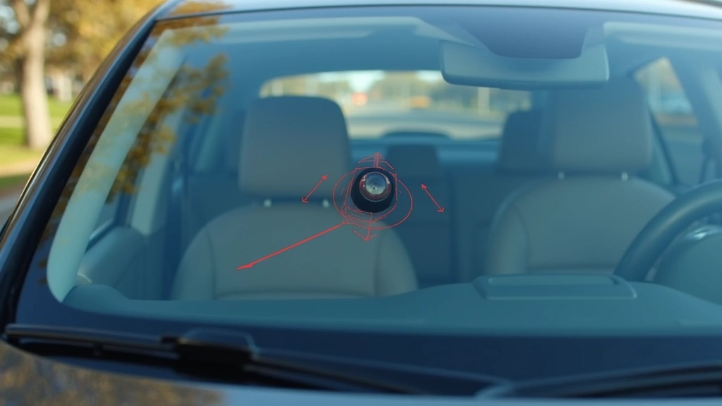 Close-up of a car's front radar sensor and camera module mounted behind the windshield, showing the technological components clearly visible in daylight