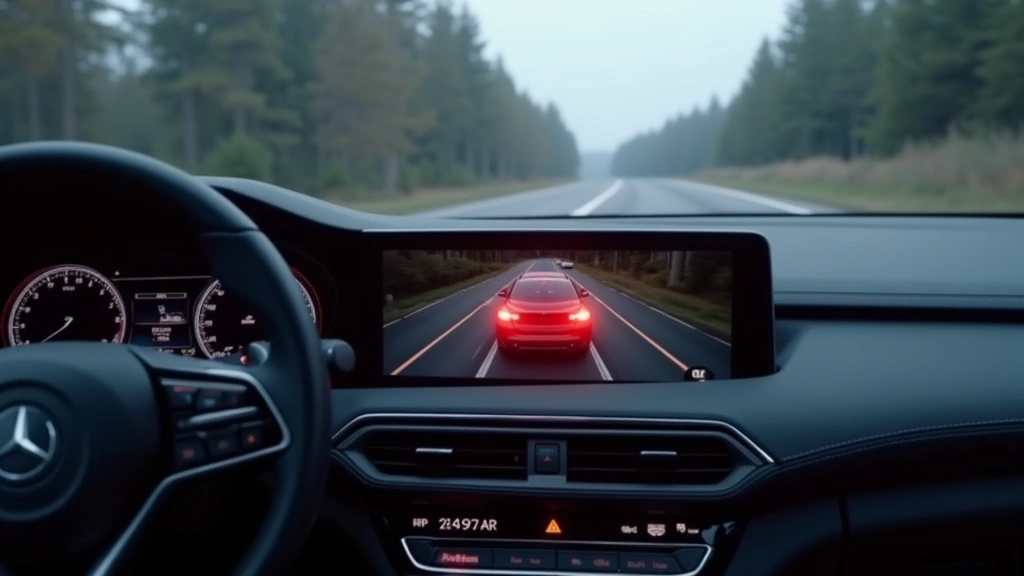 Modern sedan dashboard display showing collision avoidance system activation with warning visualization, vehicle ahead highlighted on screen in real-time