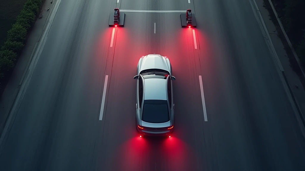 Overhead view of autonomous emergency braking test scenario with vehicle approaching stationary obstacle, brake lights illuminated, demonstrating system response