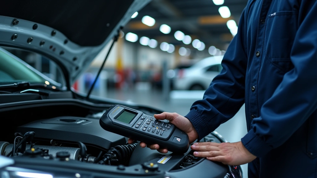 Professional automotive technician using diagnostic computer scanner on modern vehicle engine bay with LED work lights