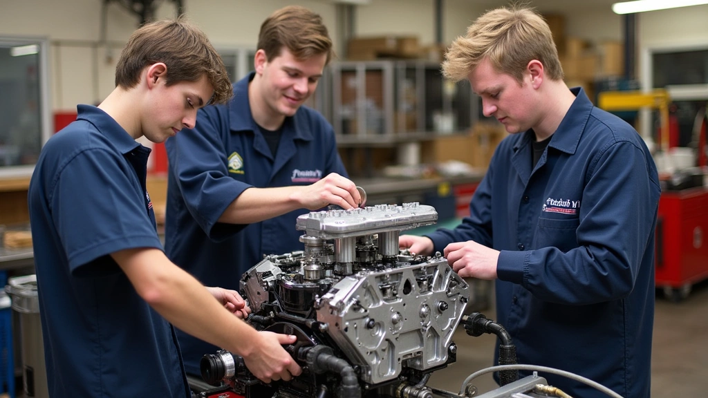 Students in automotive shop class practicing engine assembly on cutaway demonstration engine with safety equipment