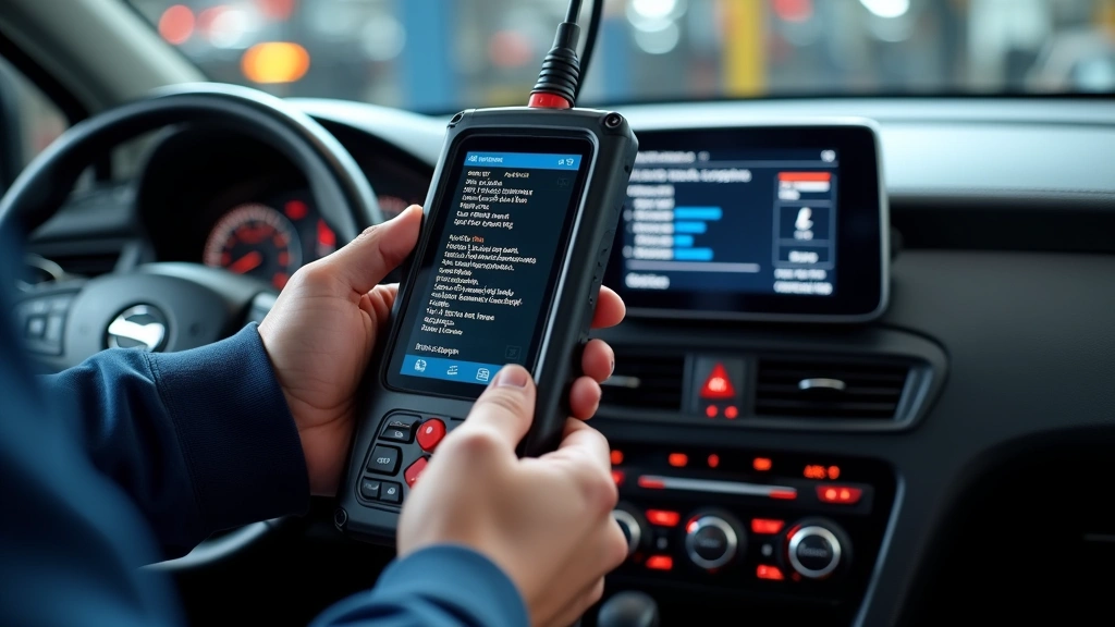 Professional automotive diagnostic scanner displaying engine codes on vehicle dashboard, mechanic using advanced OBD-II tool in modern auto shop, hands holding computerized diagnostic equipment
