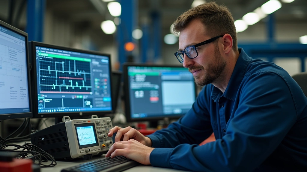 Experienced technician working with oscilloscope and electrical testing equipment, measuring vehicle electrical signals, professional automotive technology workspace with diagnostic monitors