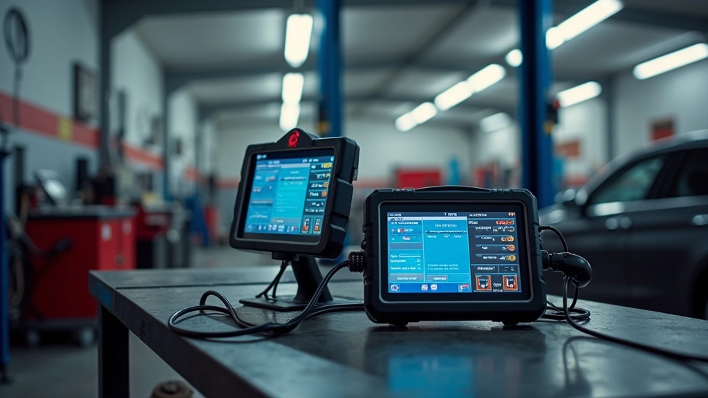 Auto repair shop interior with professional diagnostic equipment, battery analyzer and fuel pressure tester on workbench, modern automotive technology facility setup