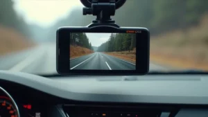 Professional 4K dashcam mounted on vehicle dashboard, displaying crystal-clear road footage on integrated screen, sleek black design with LED indicator light, modern automotive technology