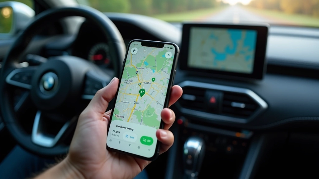 Smartphone displaying real-time vehicle GPS tracking map with geofence alerts, wireless charging pad visible in car interior, connected automotive technology ecosystem
