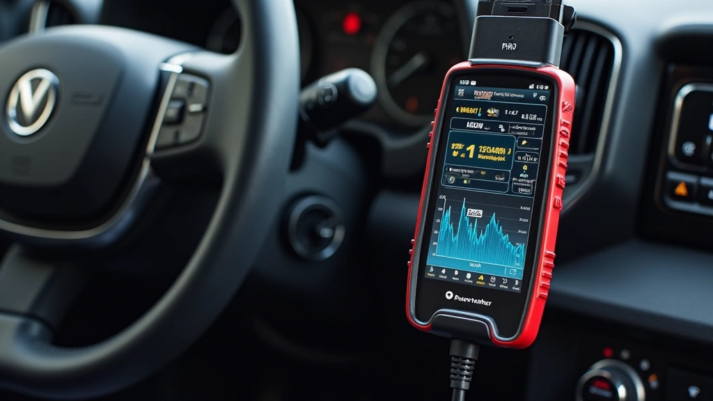 OBD2 diagnostic scanner plugged into vehicle port with smartphone app open showing engine parameters and real-time performance metrics, automotive maintenance technology
