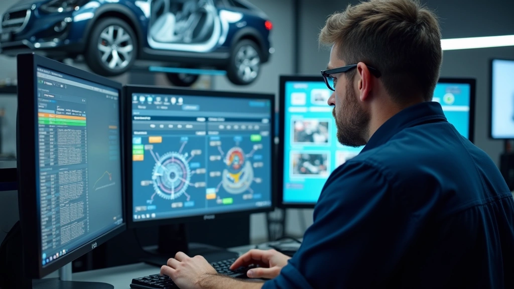 Close-up of automotive engineer working at computer station with multiple monitors displaying vehicle diagnostic data and system architecture diagrams, professional automotive tech lab environment