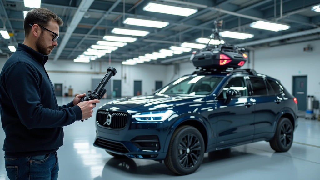Autonomous vehicle development center showing engineer with sensor hardware, LIDAR unit, and computer vision system mounted on test vehicle in controlled environment