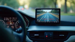 Close-up of modern car dashboard with digital display showing advanced driver assistance system interface, multiple sensors visible through windshield, professional automotive photography, daytime lighting