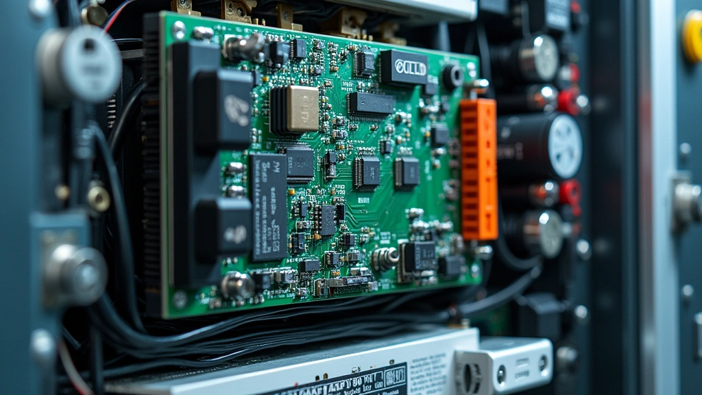 Electric vehicle battery pack management system with visible circuit boards, thermal cooling components, and electronic modules, technical automotive engineering photograph, industrial lighting, no text or labels visible