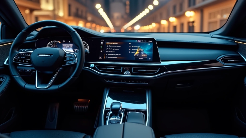 Modern luxury sedan dashboard with illuminated touchscreen display showing connected services menu, sleek steering wheel visible, warm ambient lighting, professional automotive photography