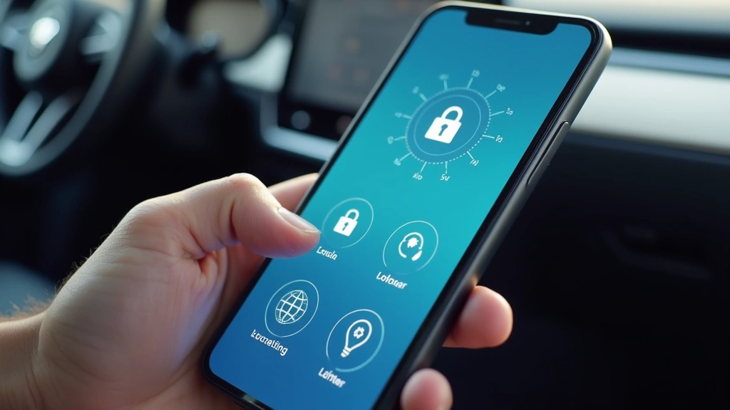 Close-up of smartphone app interface controlling connected vehicle features, showing remote lock/unlock, climate control, and location tracking, modern UI design with blue and white colors