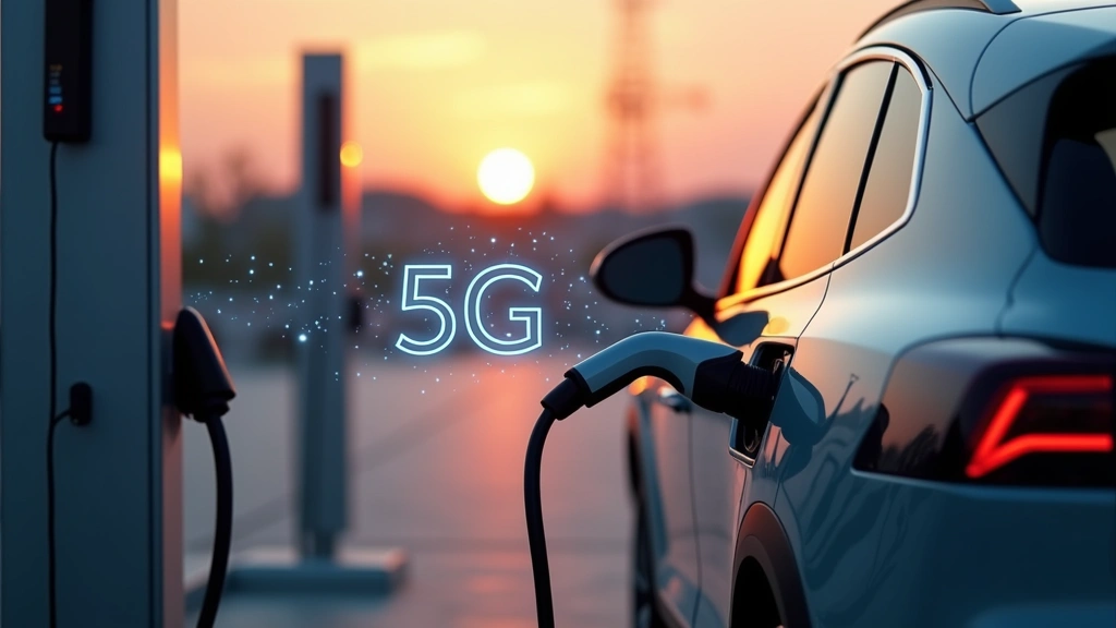Electric vehicle charging at modern charging station with 5G network icon overlay, sunset lighting, vehicle connected to charging cable, representing smart grid connectivity and data transmission