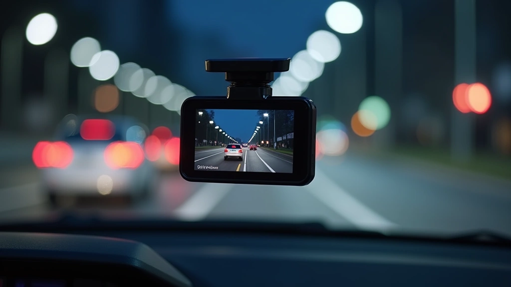 High-quality dashboard camera mounted on vehicle windshield, displaying crystal-clear 4K lens and night vision capability, sleek modern design, professional automotive photography