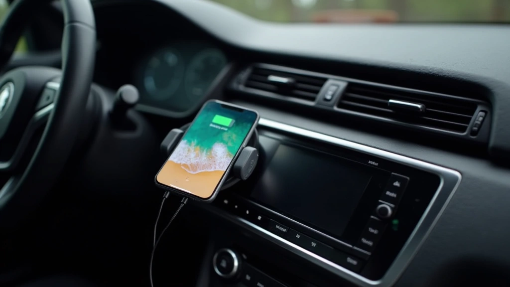 Wireless charging pad mounted on car dashboard with smartphone perfectly aligned, glowing indicator lights, premium automotive interior background, clean modern aesthetic