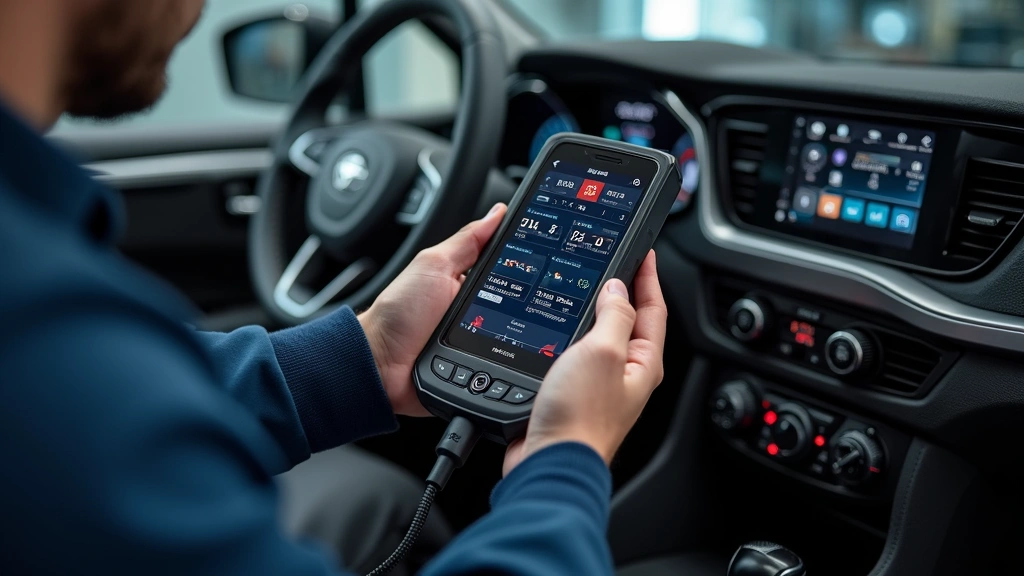 Advanced OBD2 diagnostic scanner connected to vehicle port with smartphone displaying real-time engine data and performance metrics, professional automotive workshop setting