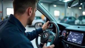 Automotive technician using advanced diagnostic scanner on modern vehicle in professional shop setting, focused concentration on screen