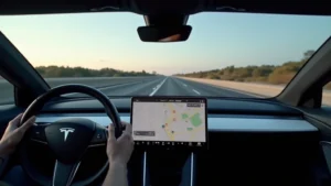 Modern Tesla vehicle interior dashboard showing Autopilot engaged with highway ahead, professional automotive photography, realistic lighting, no text or logos visible