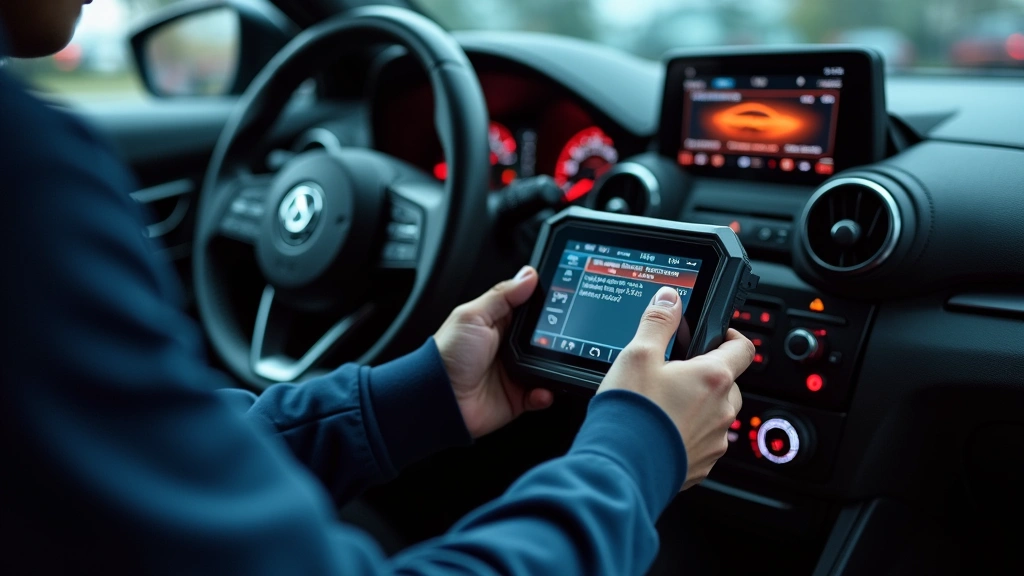 Professional mechanic using advanced OBD-II diagnostic scanner on modern vehicle, illuminated display showing real-time engine data and fault codes, hands holding scanner device near car's dashboard, automotive repair shop environment