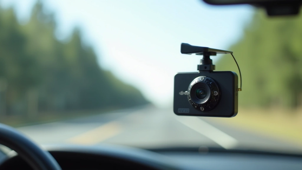 High-quality dash camera mounted on car windshield capturing road ahead, sleek black camera with wide-angle lens, mounted securely with professional bracket, clear daylight driving scene visible through windshield