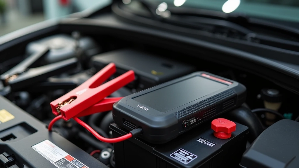 Portable jump starter device sitting on vehicle engine bay next to car battery, compact lithium-ion unit with red and black clamps attached, professional automotive setting with tools visible in background
