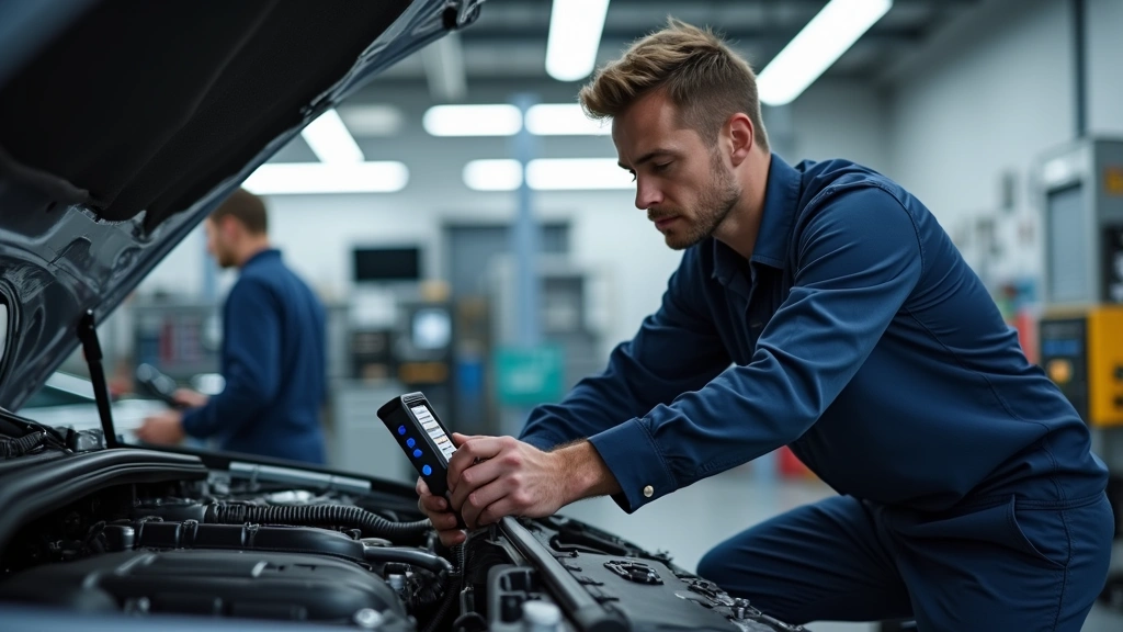 Professional automotive technician working on modern vehicle engine with diagnostic scanner tool, well-lit modern repair shop with professional equipment, photorealistic high quality