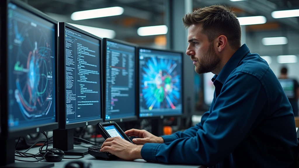 Advanced automotive diagnostic computer station with multiple monitors displaying vehicle system data, technician analyzing OBD-II scanner results, modern shop environment