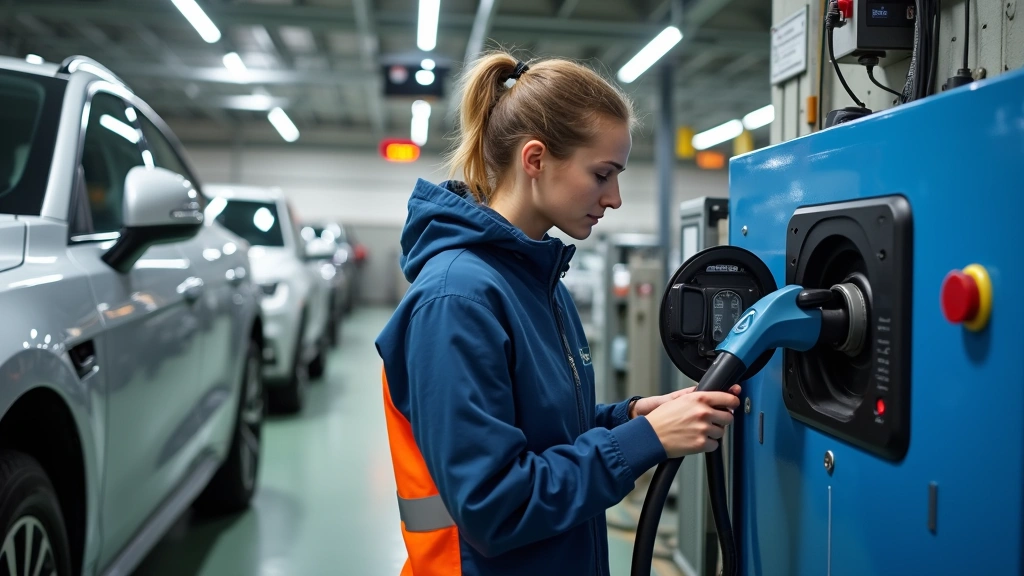 Student technician working on electric vehicle charging system with high-voltage safety equipment, hands-on EV training facility with multiple vehicles, professional technical training environment