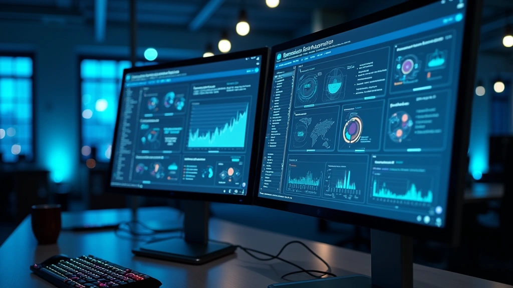 Professional workspace showing multiple computer monitors displaying automation dashboards and workflow diagrams, with network visualization in background, modern office environment with blue lighting