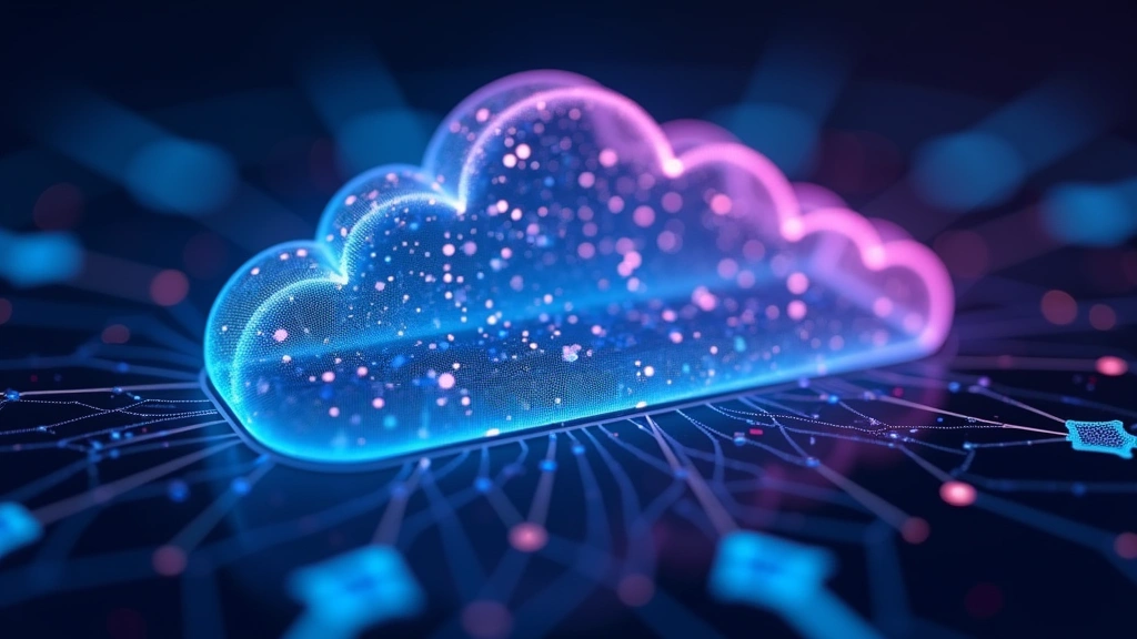 Close-up of cloud infrastructure automation visualization with interconnected nodes and data flow paths, holographic-style blue and purple light effects, abstract technology background