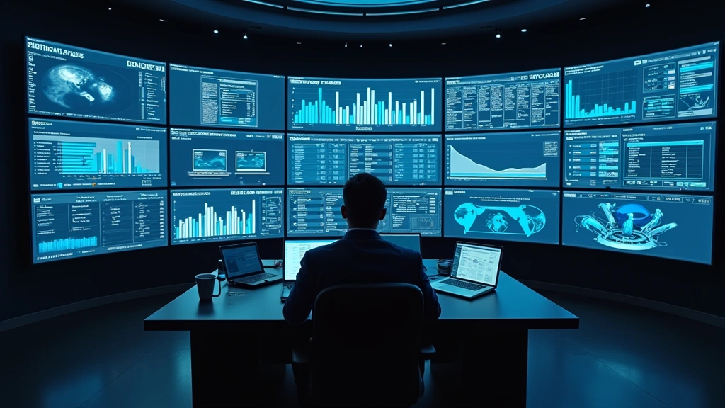 Enterprise IT control center with large displays showing real-time automation metrics, process completion bars, and system monitoring dashboards, professional technical environment