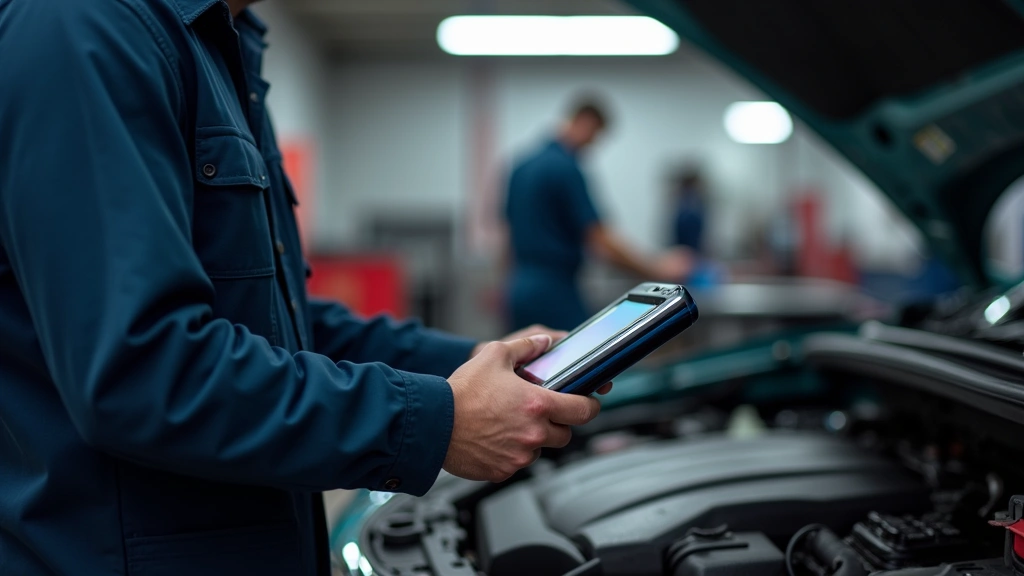 Professional automotive mechanic using advanced diagnostic scanner on modern vehicle in well-lit workshop, hands holding device near engine bay, blue and red LED indicators visible