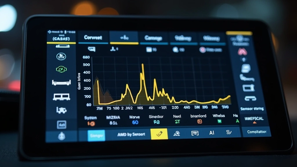 Close-up of tablet-based vehicle diagnostic interface displaying real-time engine parameters and sensor data with colorful graphs and system status indicators on screen
