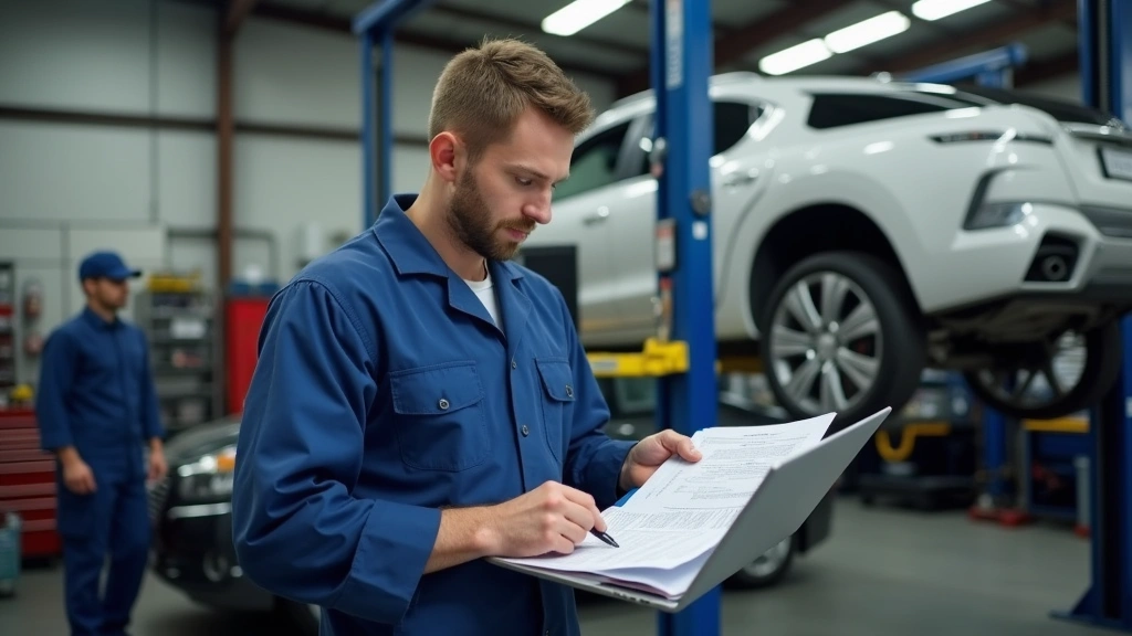 Technician reviewing comprehensive vehicle repair report on laptop in modern automotive service shop, tools and equipment visible in blurred background, professional workspace