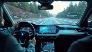 High-tech autonomous vehicle dashboard with holographic displays showing sensor data, LiDAR visualization, and real-time road mapping, photorealistic, no text overlays
