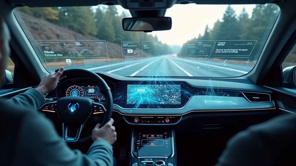 High-tech autonomous vehicle dashboard with holographic displays showing sensor data, LiDAR visualization, and real-time road mapping, photorealistic, no text overlays
