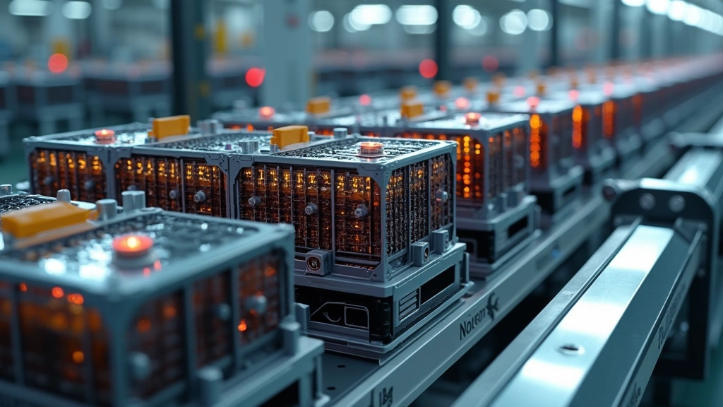 Electric vehicle battery pack assembly line showing modular cells and thermal management systems, industrial manufacturing environment, photorealistic detail