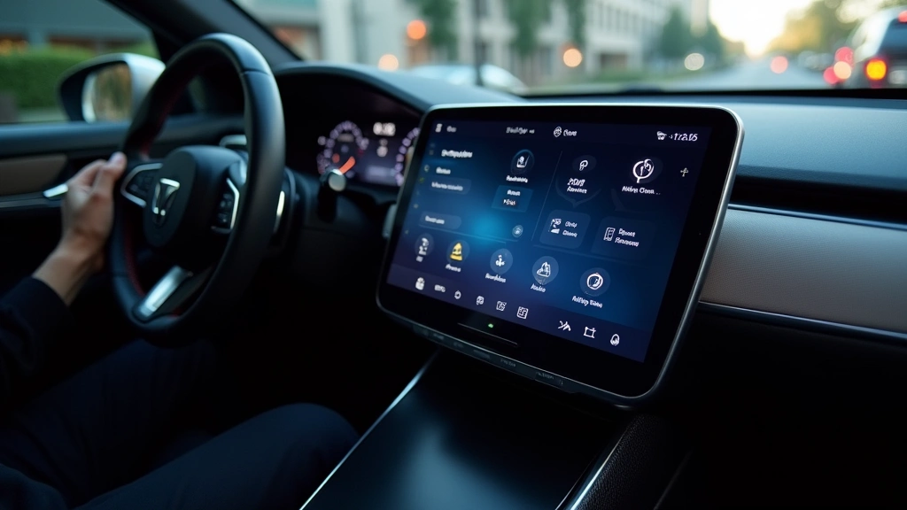 Modern car infotainment system with curved touchscreen display, haptic feedback interface, and voice control indicators illuminated, premium interior setting