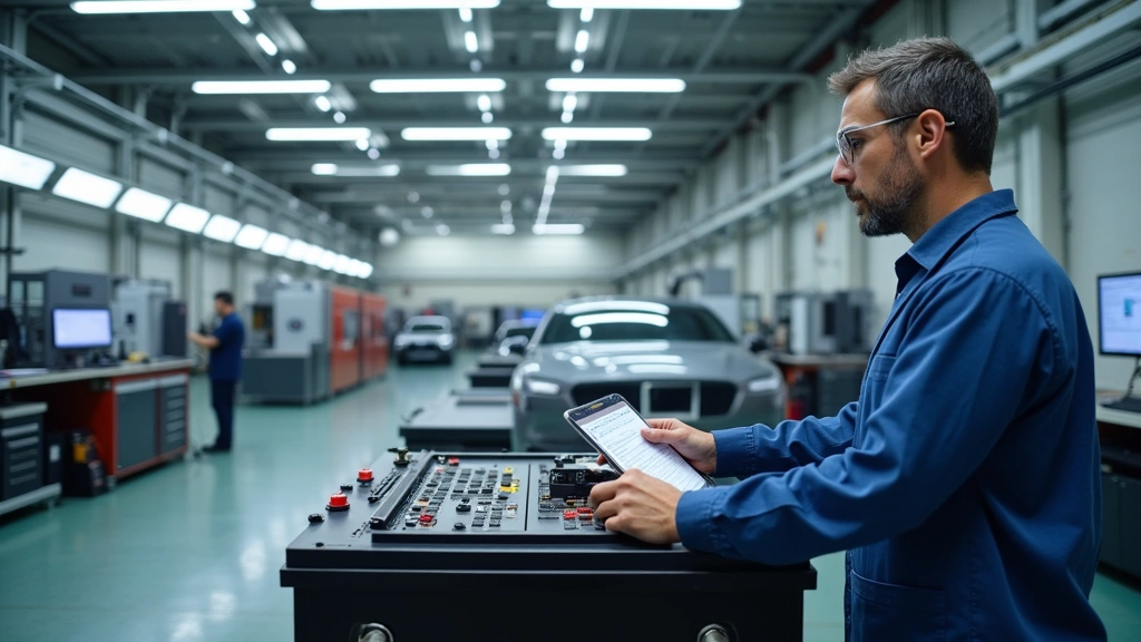 Engineer working at modern automotive testing facility with electric vehicle battery pack assembly equipment, precision machinery, and diagnostic monitors in background