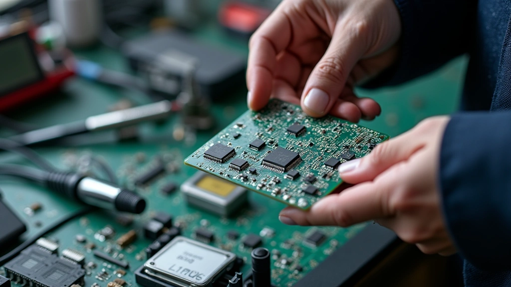 Close-up of hands holding advanced automotive circuit board and microcontroller components, with diagnostic tools and soldering equipment visible on workbench