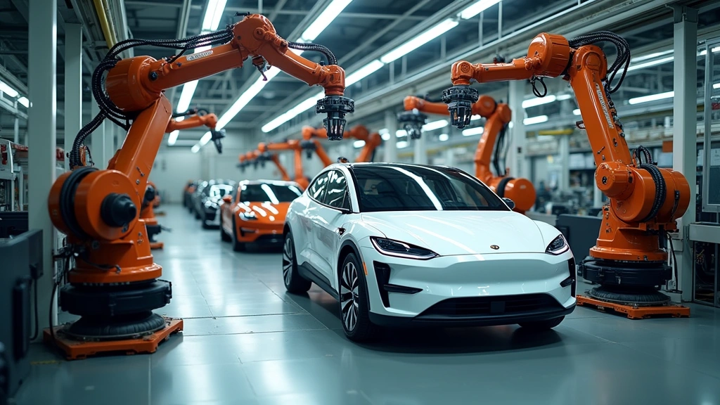 Automotive manufacturing facility with robotic arms assembling electric vehicle components, industrial warehouse setting with quality control stations and assembly lines